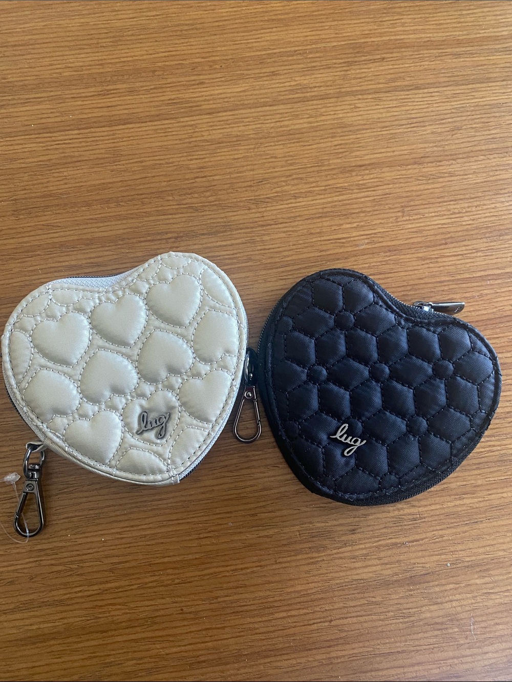 2 NWOT lug Heart Quilted Coin PouchES Black & Champagne Gold
